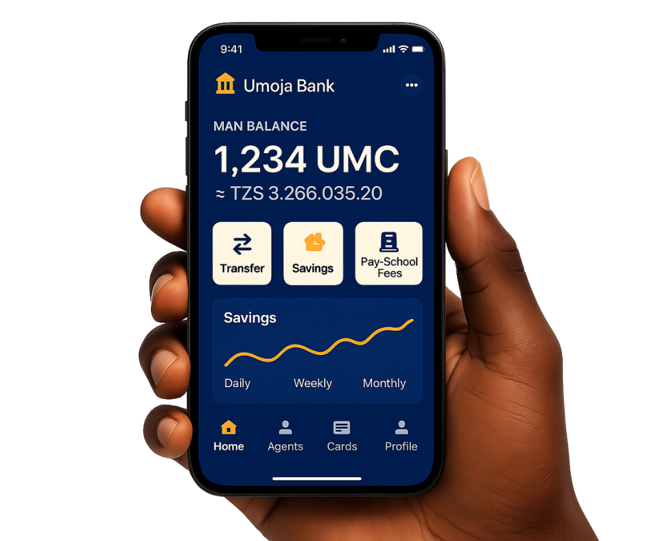 Hand holding smartphone displaying the Umoja Bank app dashboard with main balance, quick actions, savings chart, and navigation.