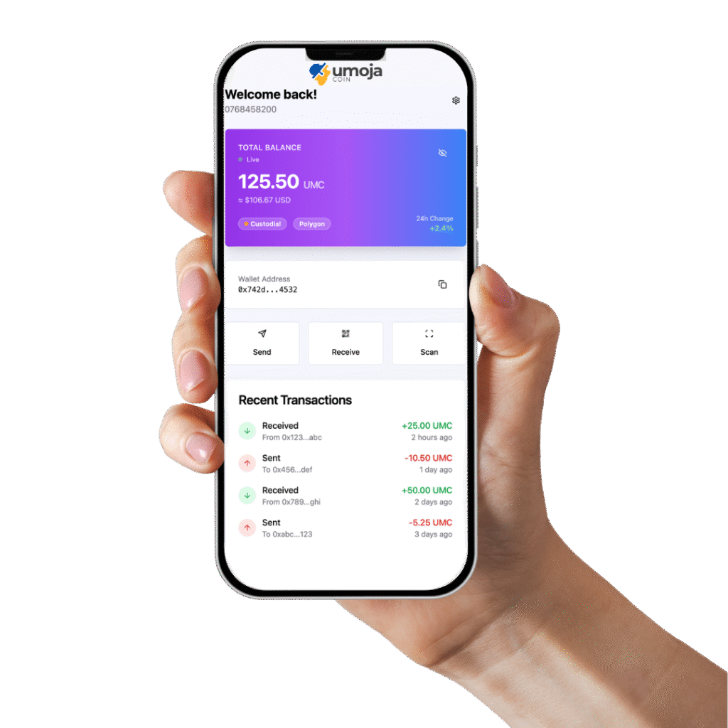 Hand holding a smartphone showing the Umoja Pay app interface with balance, send/receive/scan buttons, and recent transactions.