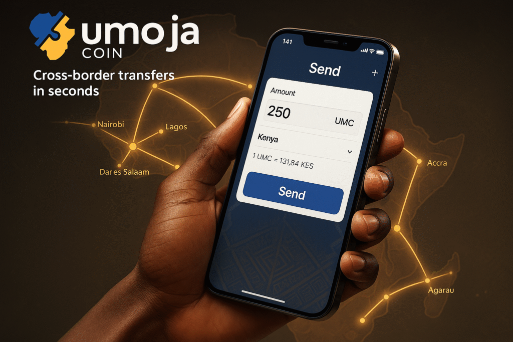 A close-up of a dark-skinned hand holding a smartphone displaying the Umoja App “Send” screen, set against a glowing map of Africa showing cross-border transfer routes between major cities.