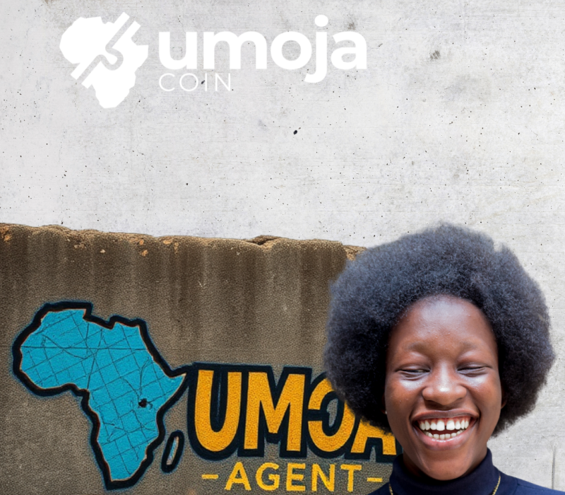 Portrait of a smiling Umoja Coin agent in front of a graffiti-style Africa map and “Umoja Agent” mural